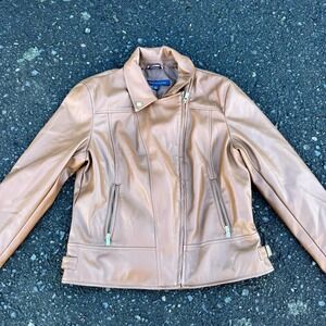 Tommy Hilfiger Womens Beige Tan Zipper Faux-Leather Moto Biker Jacket Size Large